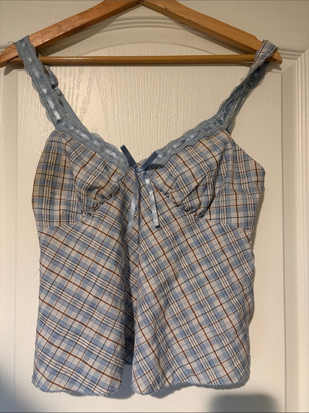 No Boundaries Light Blue Plaid Cami with Tan & White Accents